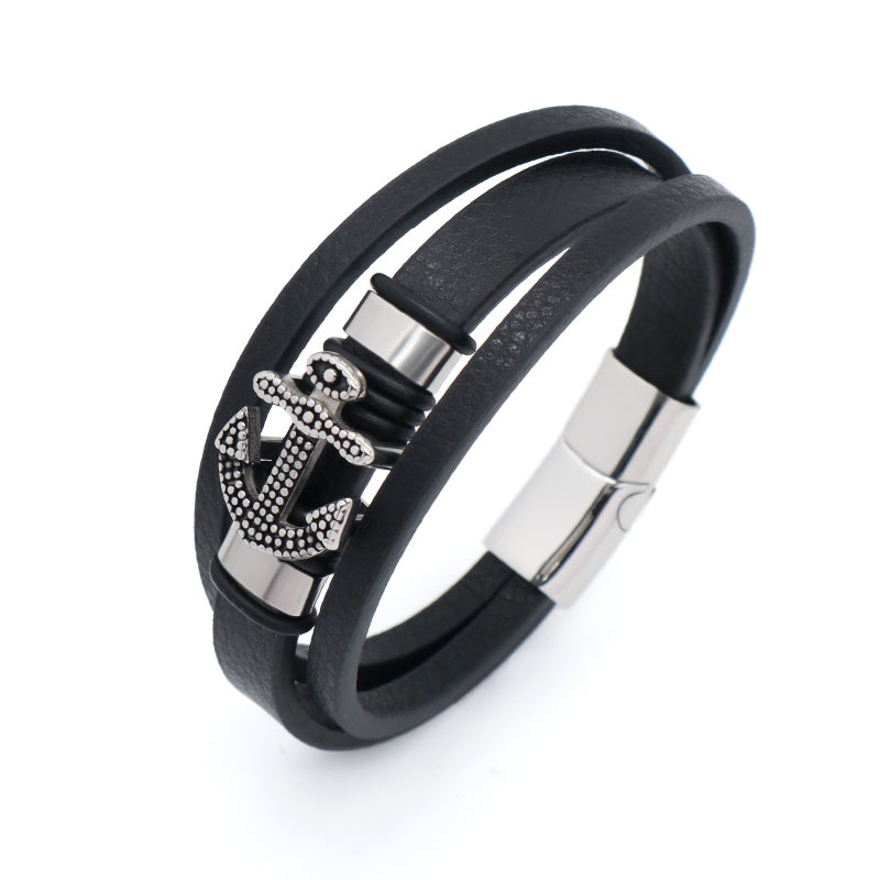 Newest Custom MultiLayer Gold Plated Stainless Steel Clasp Anchor Charm Leather Wrap Bangle Jewelry Men Black Leather Bracelet