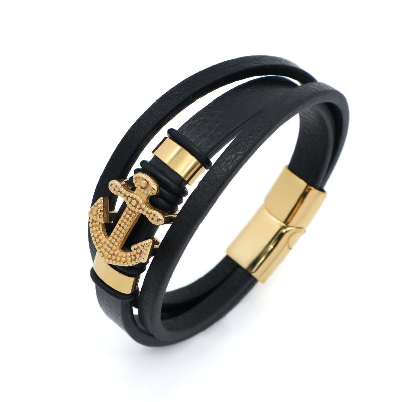 Newest Custom MultiLayer Gold Plated Stainless Steel Clasp Anchor Charm Leather Wrap Bangle Jewelry Men Black Leather Bracelet
