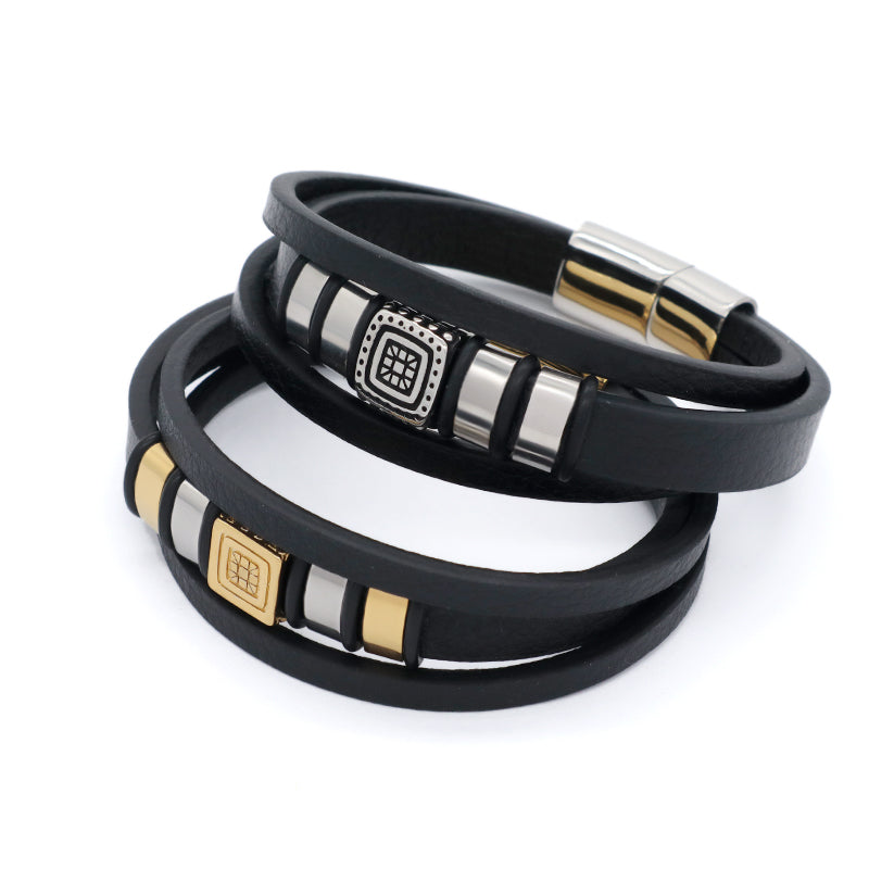 Wholesale Customized Factory Gold Plated Stainless Steel Clasp MultiLayer Leather Wrap Jewelry Men Black Leather Bracelet Bangle
