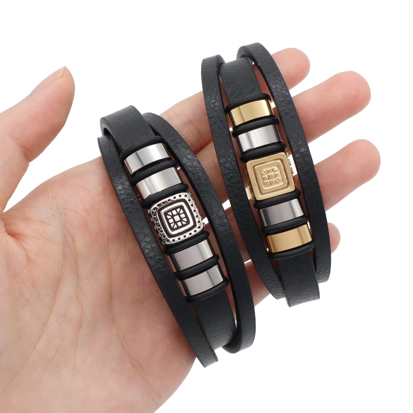 Wholesale Customized Factory Gold Plated Stainless Steel Clasp MultiLayer Leather Wrap Jewelry Men Black Leather Bracelet Bangle