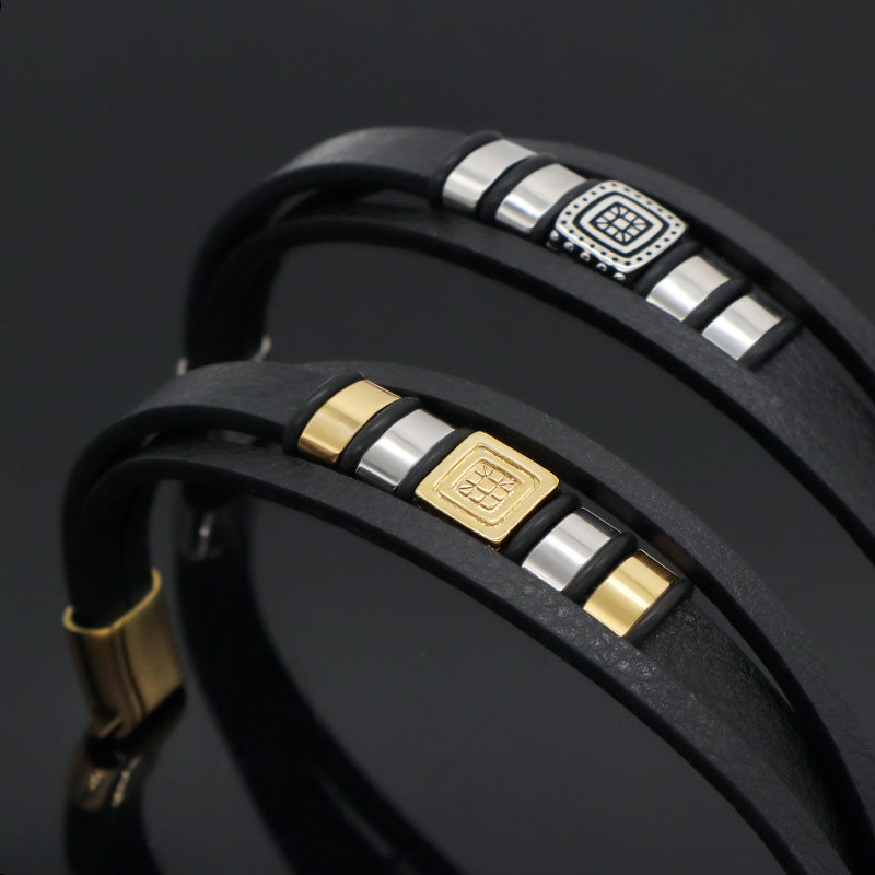 Wholesale Customized Factory Gold Plated Stainless Steel Clasp MultiLayer Leather Wrap Jewelry Men Black Leather Bracelet Bangle