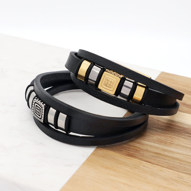 Wholesale Customized Factory Gold Plated Stainless Steel Clasp MultiLayer Leather Wrap Jewelry Men Black Leather Bracelet Bangle