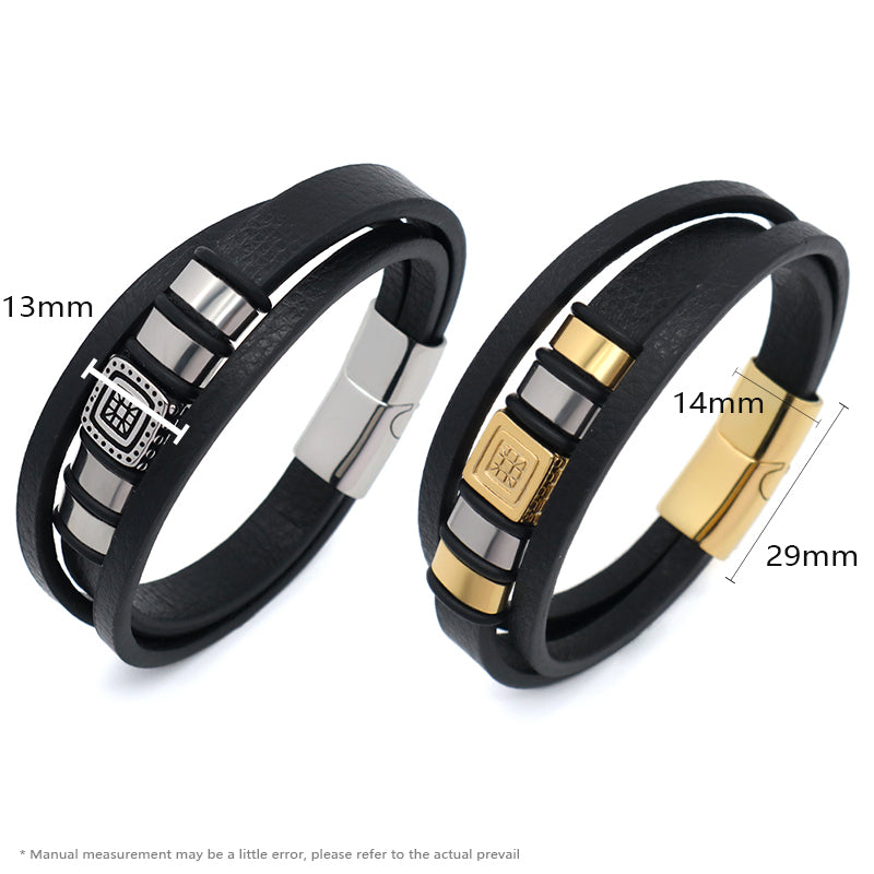 Wholesale Customized Factory Gold Plated Stainless Steel Clasp MultiLayer Leather Wrap Jewelry Men Black Leather Bracelet Bangle