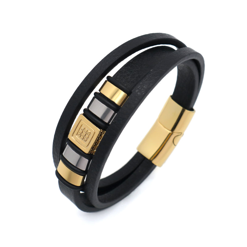 Wholesale Customized Factory Gold Plated Stainless Steel Clasp MultiLayer Leather Wrap Jewelry Men Black Leather Bracelet Bangle