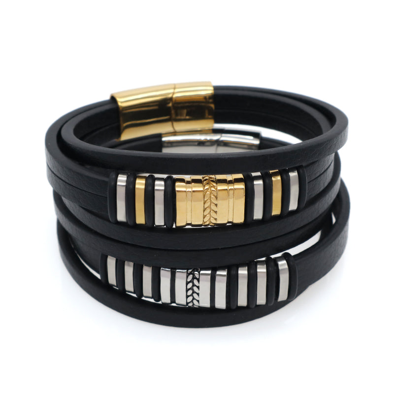 Factory Wholesale Custom MultiLayer Leather Wrap Bangle Jewelry Gold Plated Stainless Steel Buckle Black Leather Bracelet Men