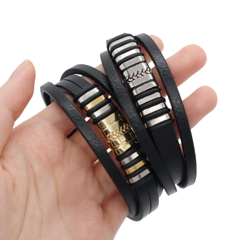 Factory Wholesale Custom MultiLayer Leather Wrap Bangle Jewelry Gold Plated Stainless Steel Buckle Black Leather Bracelet Men