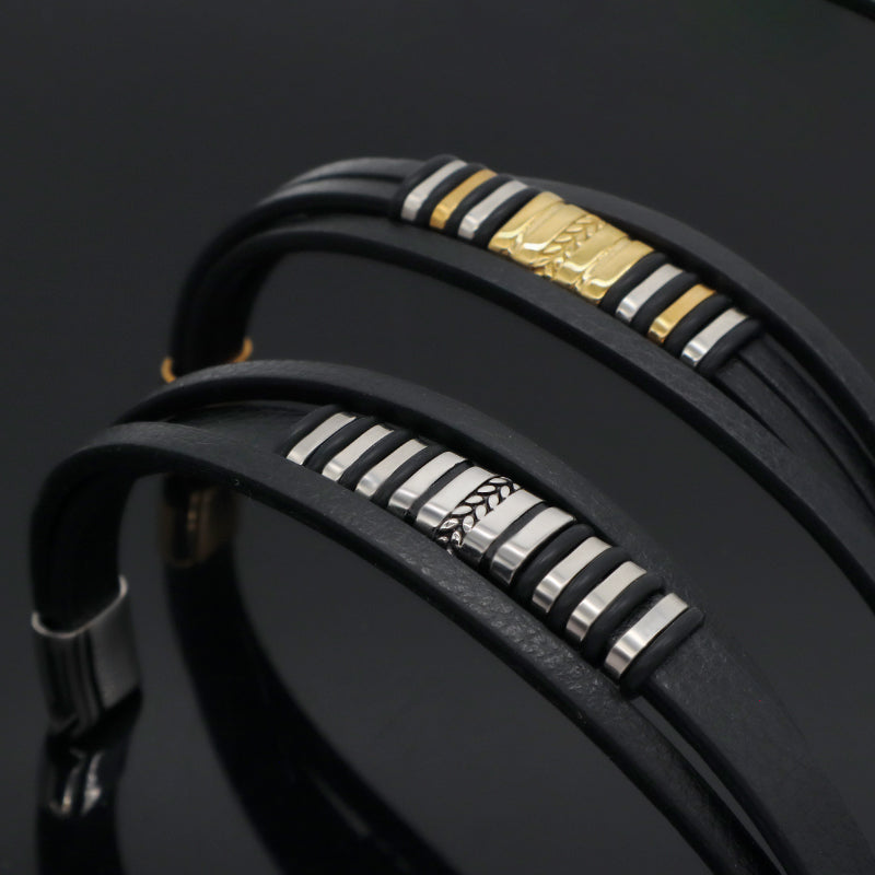 Factory Wholesale Custom MultiLayer Leather Wrap Bangle Jewelry Gold Plated Stainless Steel Buckle Black Leather Bracelet Men