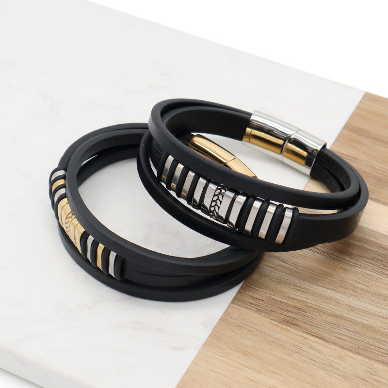 Factory Wholesale Custom MultiLayer Leather Wrap Bangle Jewelry Gold Plated Stainless Steel Buckle Black Leather Bracelet Men