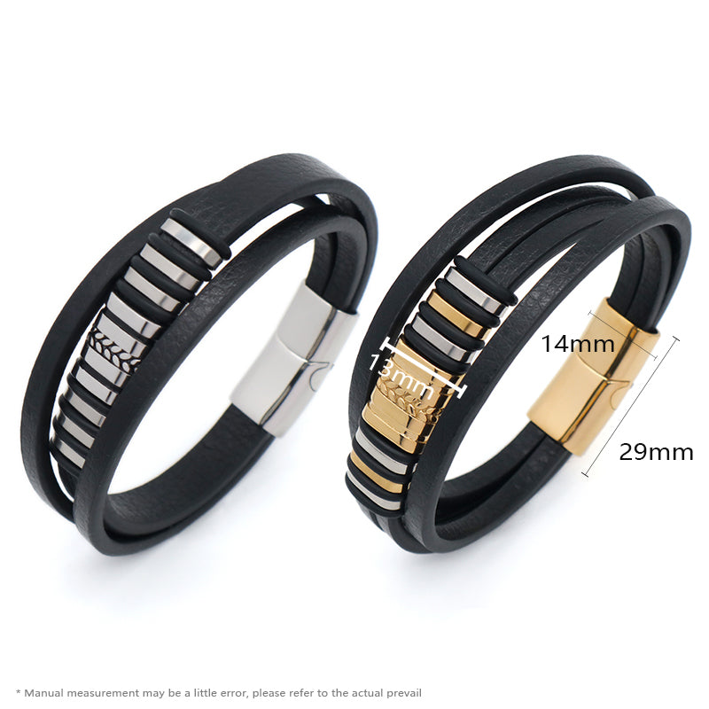 Factory Wholesale Custom MultiLayer Leather Wrap Bangle Jewelry Gold Plated Stainless Steel Buckle Black Leather Bracelet Men