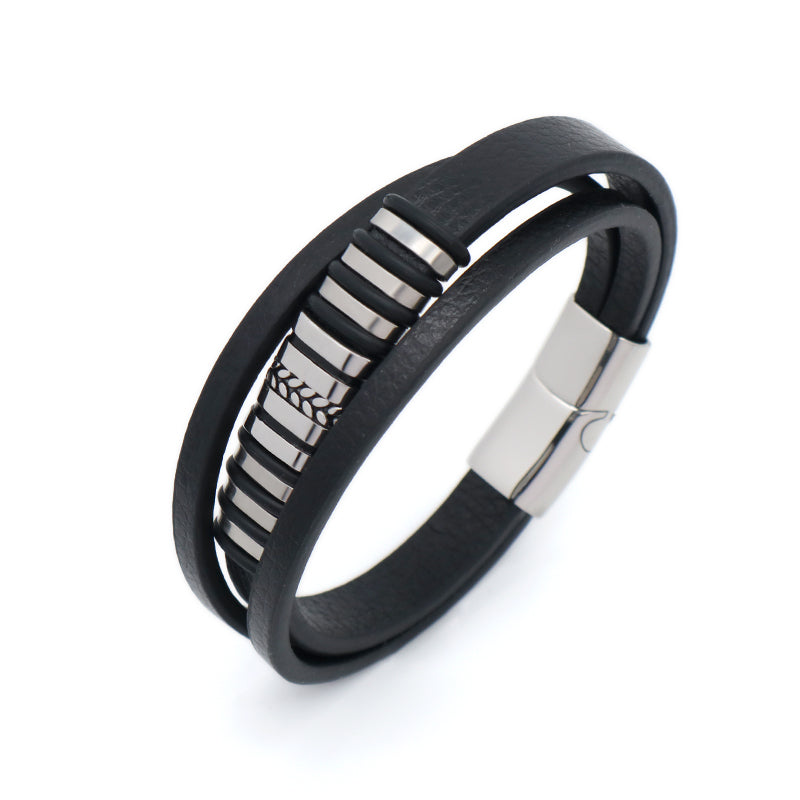 Factory Wholesale Custom MultiLayer Leather Wrap Bangle Jewelry Gold Plated Stainless Steel Buckle Black Leather Bracelet Men
