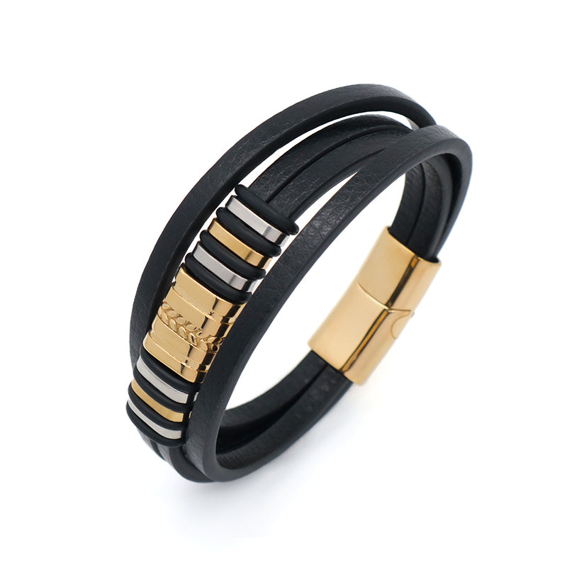 Factory Wholesale Custom MultiLayer Leather Wrap Bangle Jewelry Gold Plated Stainless Steel Buckle Black Leather Bracelet Men