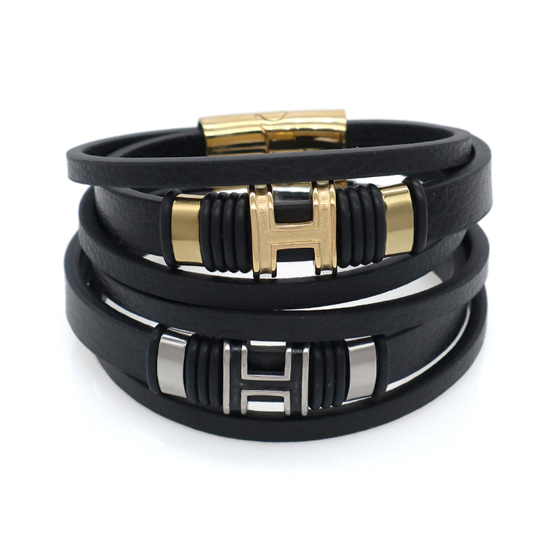 Newest Custom China Factory MultiLayer Leather Bangle Gold Plated Stainless Steel Clasp Charm Black Leather Bracelet For Men