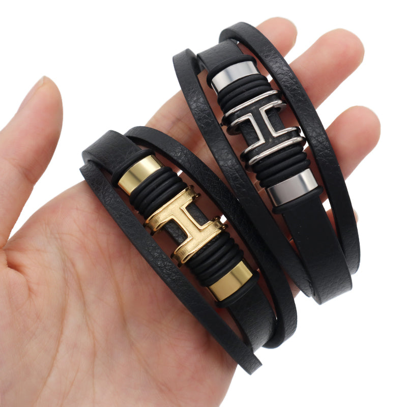 Newest Custom China Factory MultiLayer Leather Bangle Gold Plated Stainless Steel Clasp Charm Black Leather Bracelet For Men