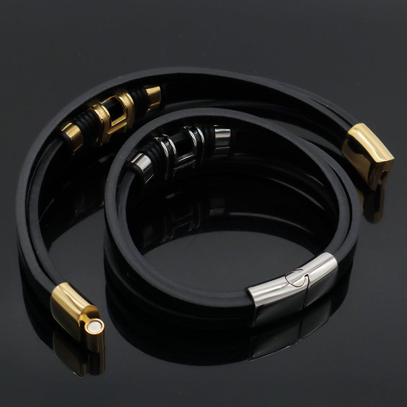 Newest Custom China Factory MultiLayer Leather Bangle Gold Plated Stainless Steel Clasp Charm Black Leather Bracelet For Men