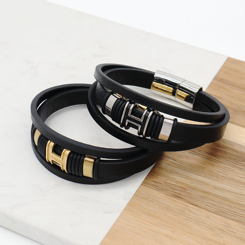 Newest Custom China Factory MultiLayer Leather Bangle Gold Plated Stainless Steel Clasp Charm Black Leather Bracelet For Men