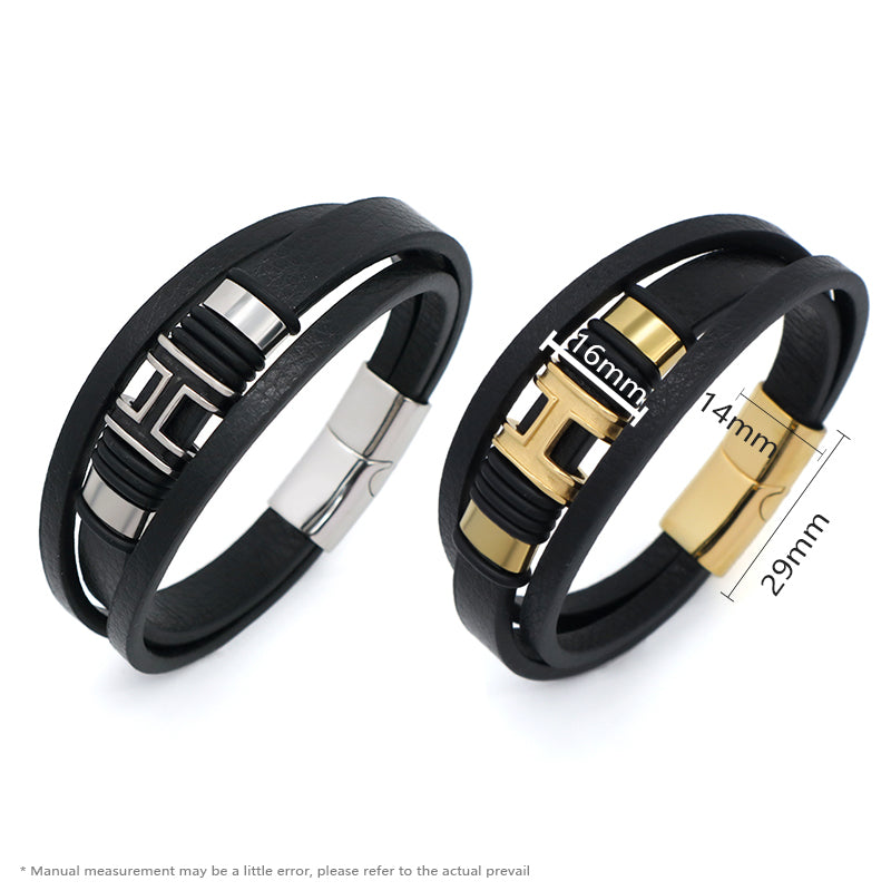 Newest Custom China Factory MultiLayer Leather Bangle Gold Plated Stainless Steel Clasp Charm Black Leather Bracelet For Men