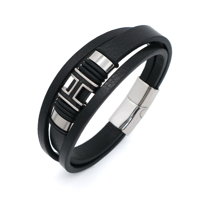 Newest Custom China Factory MultiLayer Leather Bangle Gold Plated Stainless Steel Clasp Charm Black Leather Bracelet For Men