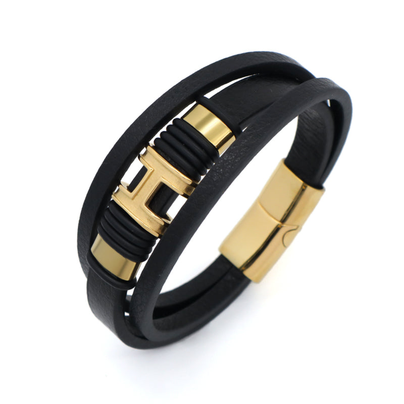 Newest Custom China Factory MultiLayer Leather Bangle Gold Plated Stainless Steel Clasp Charm Black Leather Bracelet For Men