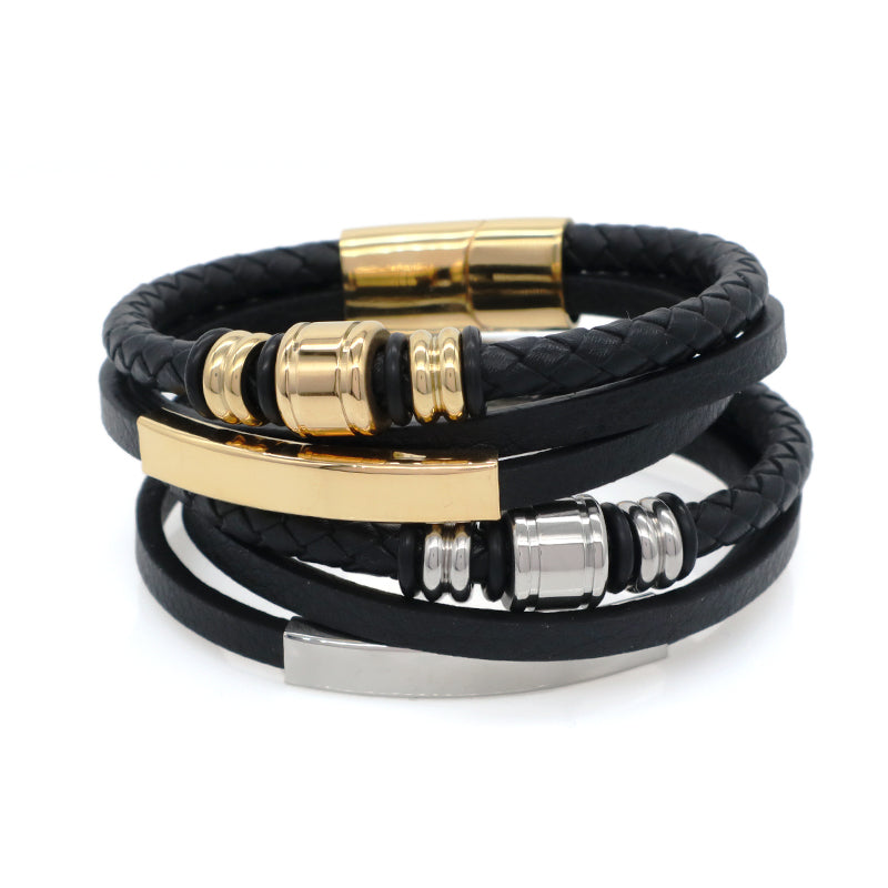 MultiLayer Leather Cord Hand Woven Bangle Factory Wholesale Custom Gold Plated Stainless Steel Buckle Black Men Leather Bracelet