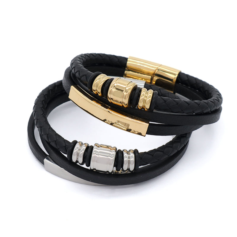 MultiLayer Leather Cord Hand Woven Bangle Factory Wholesale Custom Gold Plated Stainless Steel Buckle Black Men Leather Bracelet