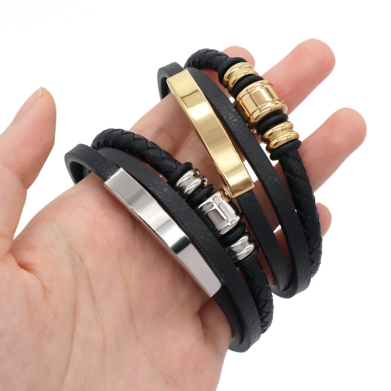 MultiLayer Leather Cord Hand Woven Bangle Factory Wholesale Custom Gold Plated Stainless Steel Buckle Black Men Leather Bracelet