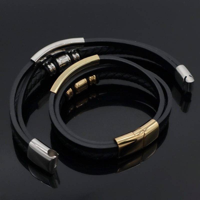 MultiLayer Leather Cord Hand Woven Bangle Factory Wholesale Custom Gold Plated Stainless Steel Buckle Black Men Leather Bracelet