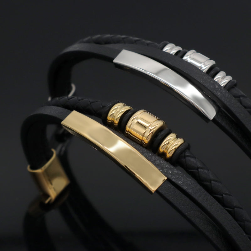 MultiLayer Leather Cord Hand Woven Bangle Factory Wholesale Custom Gold Plated Stainless Steel Buckle Black Men Leather Bracelet