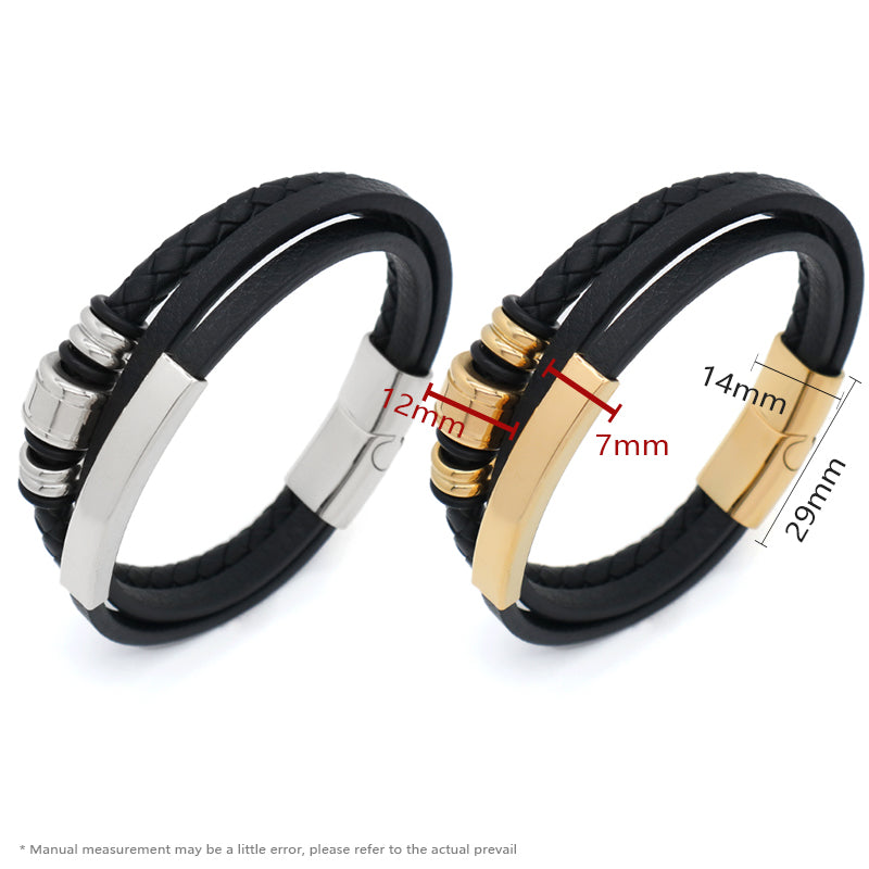 MultiLayer Leather Cord Hand Woven Bangle Factory Wholesale Custom Gold Plated Stainless Steel Buckle Black Men Leather Bracelet