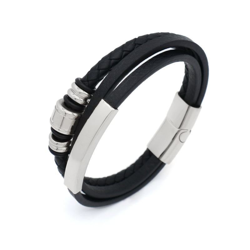 MultiLayer Leather Cord Hand Woven Bangle Factory Wholesale Custom Gold Plated Stainless Steel Buckle Black Men Leather Bracelet