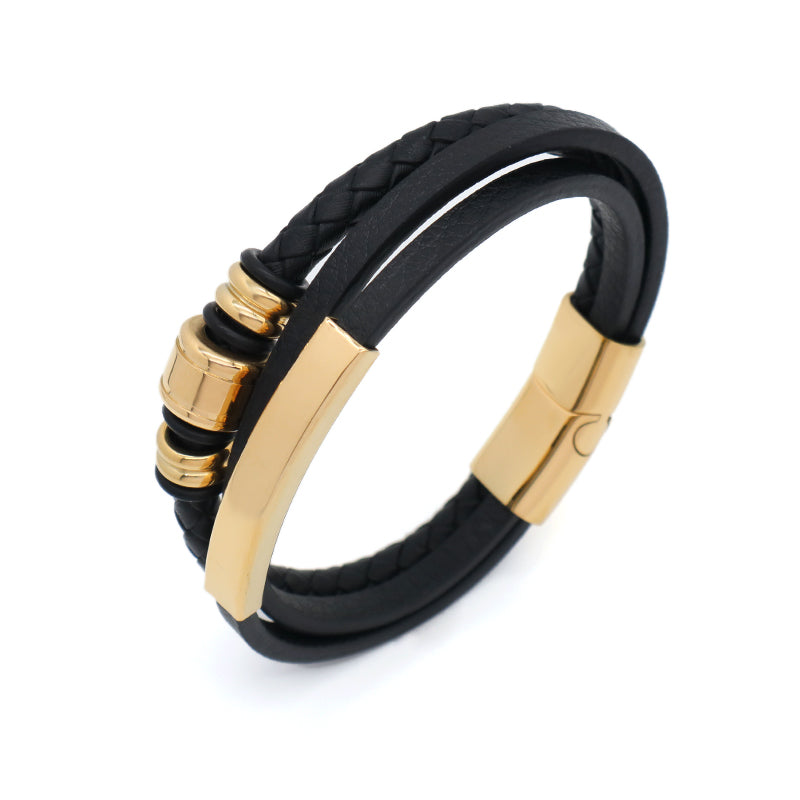 MultiLayer Leather Cord Hand Woven Bangle Factory Wholesale Custom Gold Plated Stainless Steel Buckle Black Men Leather Bracelet