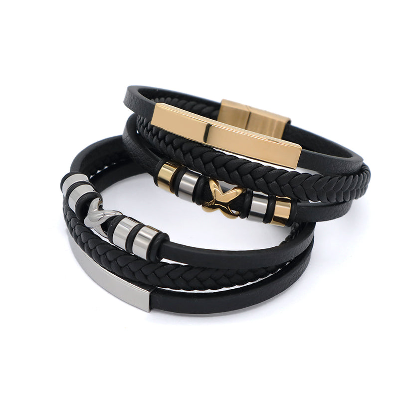 Handmade Woven Custom MultiLayer Black Leather Bangle Gold Plated Stainless Steel Clasp Cross Charm Braided Leather Men Bracelet