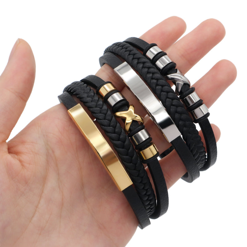 Handmade Woven Custom MultiLayer Black Leather Bangle Gold Plated Stainless Steel Clasp Cross Charm Braided Leather Men Bracelet