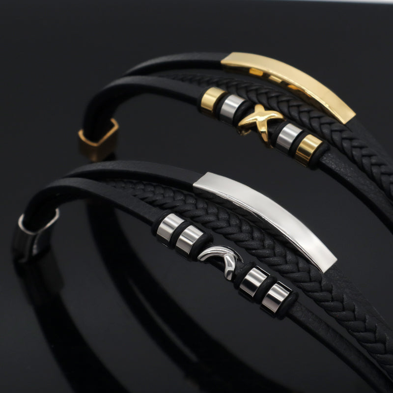 Handmade Woven Custom MultiLayer Black Leather Bangle Gold Plated Stainless Steel Clasp Cross Charm Braided Leather Men Bracelet