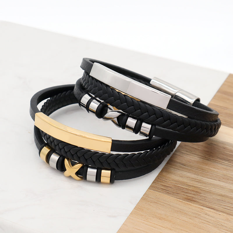 Handmade Woven Custom MultiLayer Black Leather Bangle Gold Plated Stainless Steel Clasp Cross Charm Braided Leather Men Bracelet