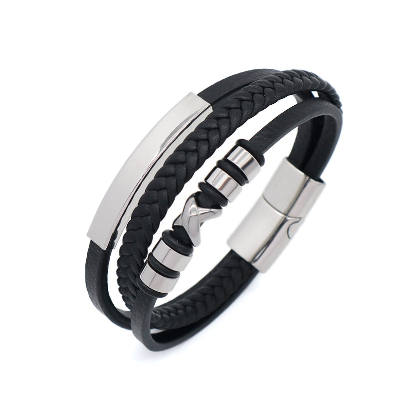 Handmade Woven Custom MultiLayer Black Leather Bangle Gold Plated Stainless Steel Clasp Cross Charm Braided Leather Men Bracelet
