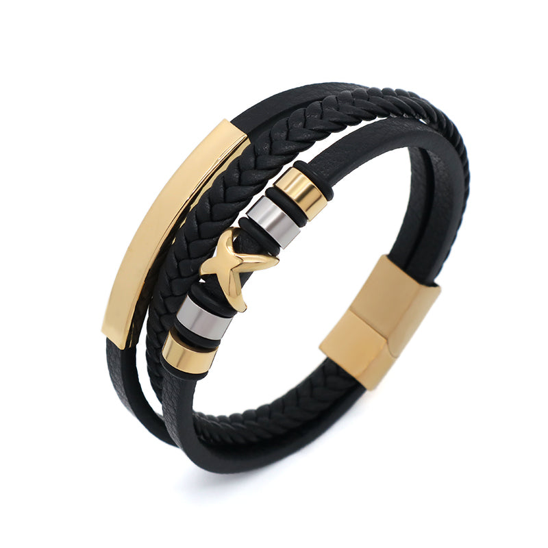 Handmade Woven Custom MultiLayer Black Leather Bangle Gold Plated Stainless Steel Clasp Cross Charm Braided Leather Men Bracelet