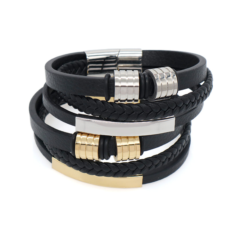 Black MultiLayer Leather Cord Handmade Bangle Wholesale Custom Gold Plated Stainless Steel Buckle Woven Leather Bracelet Men