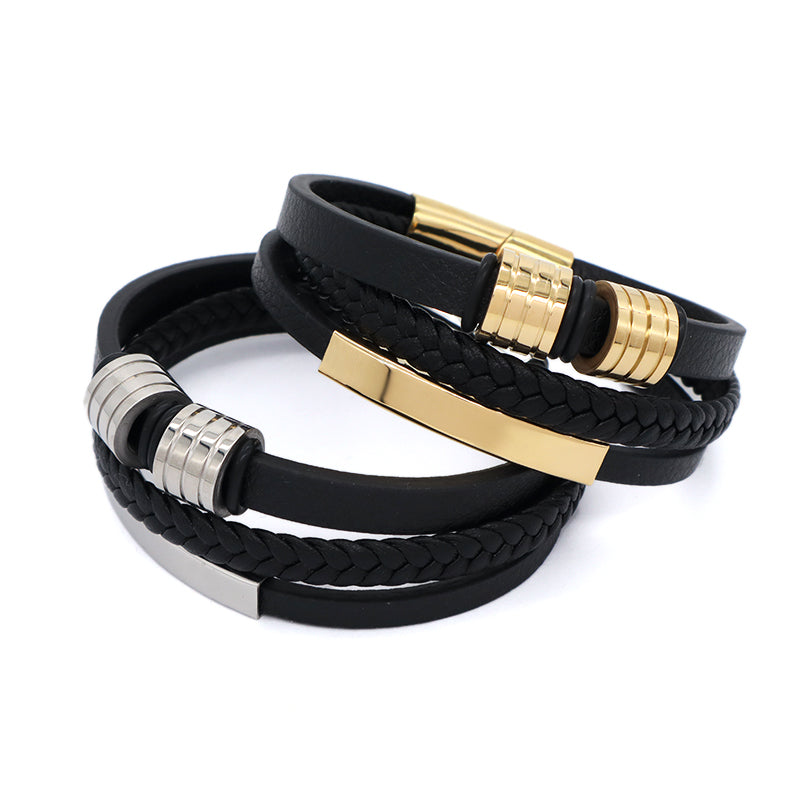 Black MultiLayer Leather Cord Handmade Bangle Wholesale Custom Gold Plated Stainless Steel Buckle Woven Leather Bracelet Men