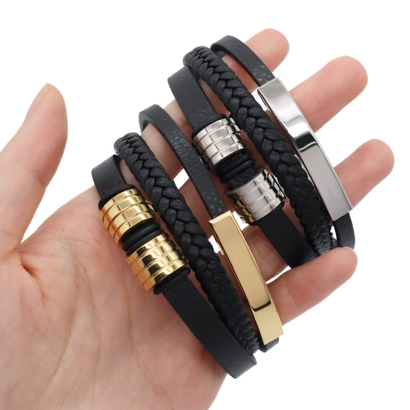 Black MultiLayer Leather Cord Handmade Bangle Wholesale Custom Gold Plated Stainless Steel Buckle Woven Leather Bracelet Men