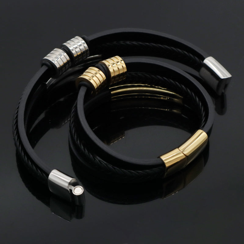 Black MultiLayer Leather Cord Handmade Bangle Wholesale Custom Gold Plated Stainless Steel Buckle Woven Leather Bracelet Men