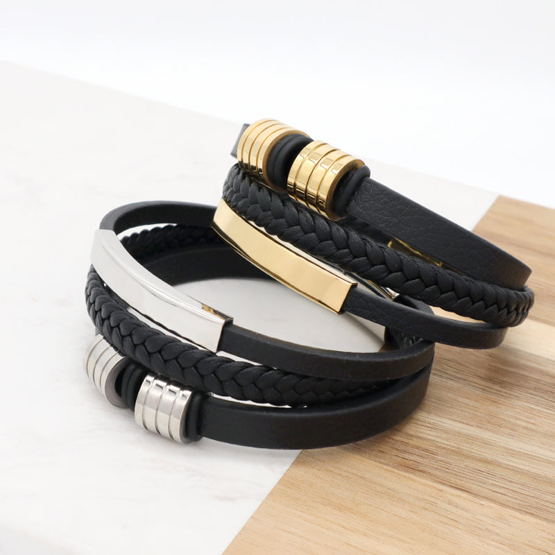 Black MultiLayer Leather Cord Handmade Bangle Wholesale Custom Gold Plated Stainless Steel Buckle Woven Leather Bracelet Men
