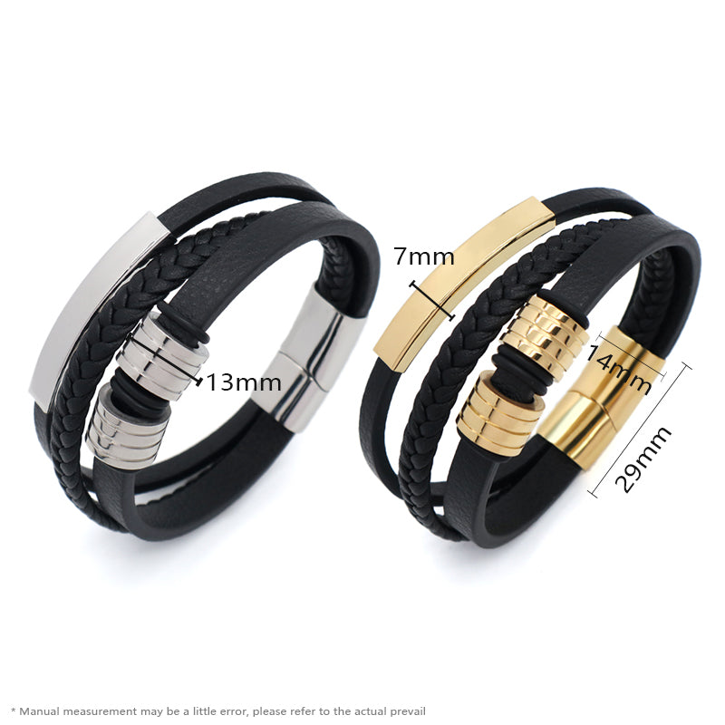 Black MultiLayer Leather Cord Handmade Bangle Wholesale Custom Gold Plated Stainless Steel Buckle Woven Leather Bracelet Men
