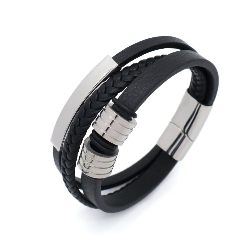 Black MultiLayer Leather Cord Handmade Bangle Wholesale Custom Gold Plated Stainless Steel Buckle Woven Leather Bracelet Men