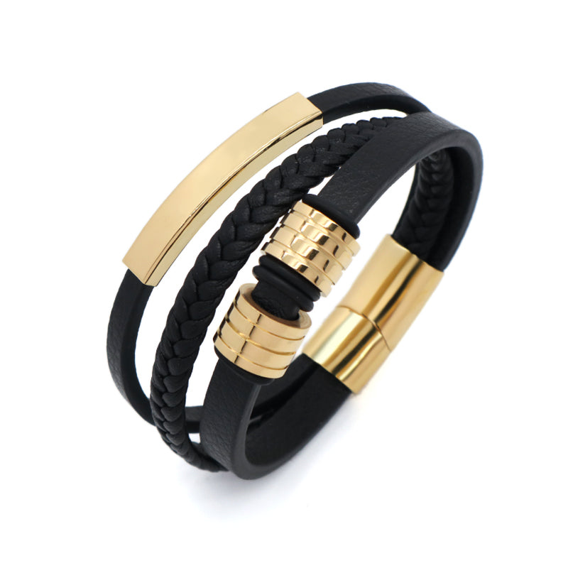 Black MultiLayer Leather Cord Handmade Bangle Wholesale Custom Gold Plated Stainless Steel Buckle Woven Leather Bracelet Men