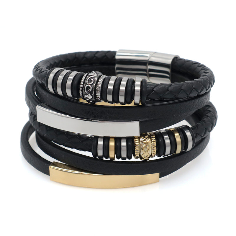 MultiLayer Custom Handmade Woven Black Gold Plated Stainless Steel Clasp Charm Braided Engraving Leather Bangle Bracelet For Men