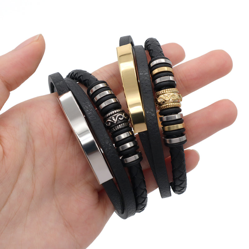 MultiLayer Custom Handmade Woven Black Gold Plated Stainless Steel Clasp Charm Braided Engraving Leather Bangle Bracelet For Men