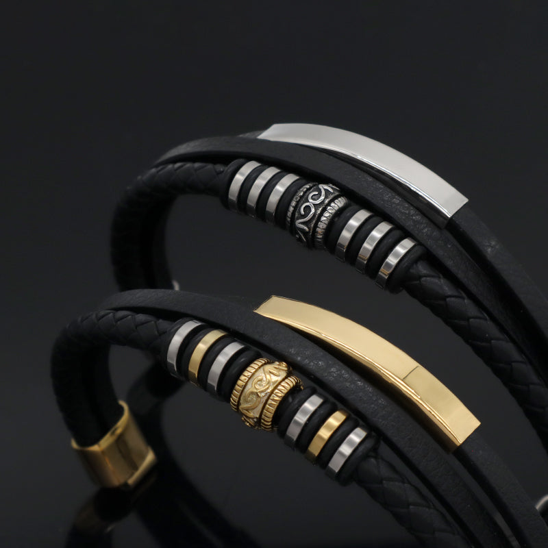 MultiLayer Custom Handmade Woven Black Gold Plated Stainless Steel Clasp Charm Braided Engraving Leather Bangle Bracelet For Men