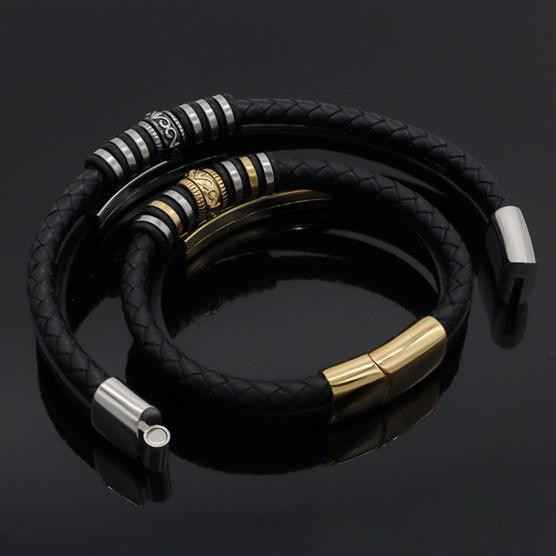 MultiLayer Custom Handmade Woven Black Gold Plated Stainless Steel Clasp Charm Braided Engraving Leather Bangle Bracelet For Men