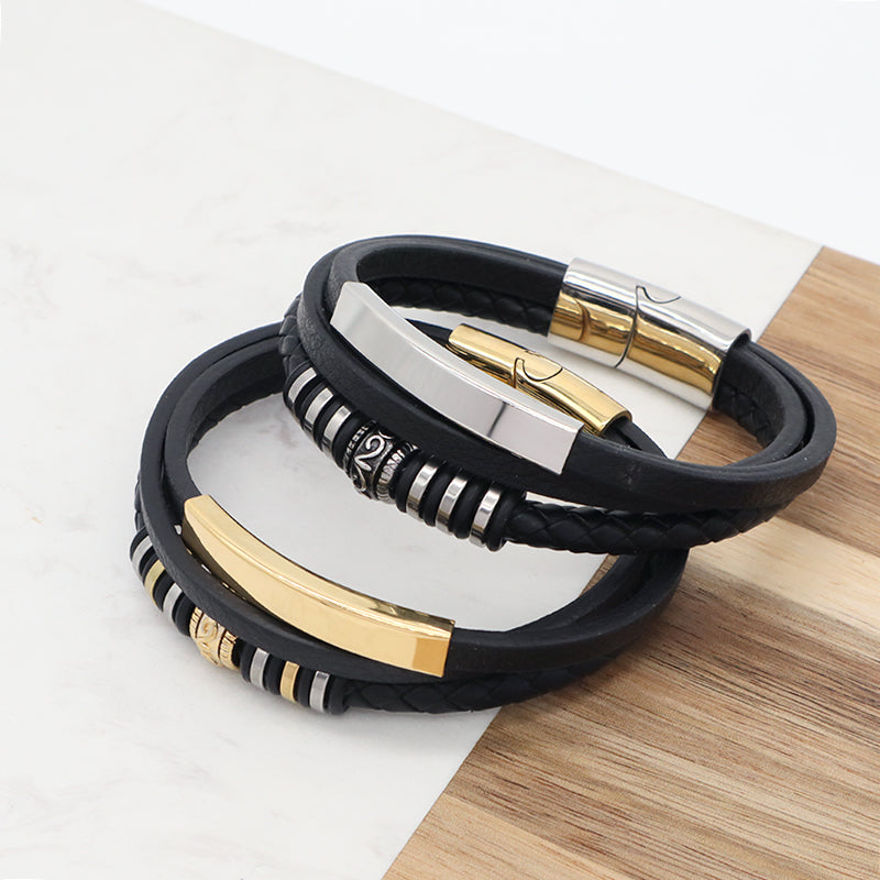 MultiLayer Custom Handmade Woven Black Gold Plated Stainless Steel Clasp Charm Braided Engraving Leather Bangle Bracelet For Men