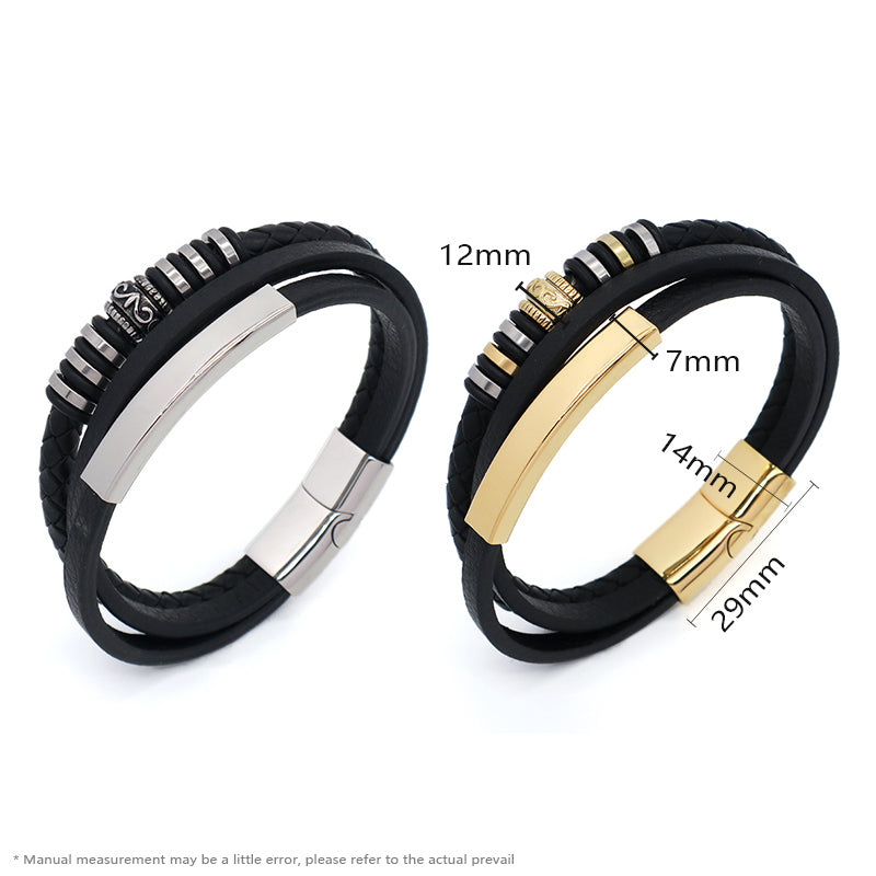 MultiLayer Custom Handmade Woven Black Gold Plated Stainless Steel Clasp Charm Braided Engraving Leather Bangle Bracelet For Men